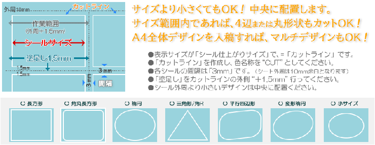 A4シートシール印刷〔長方形タイプ〕：シール面の抜き形状などについて
